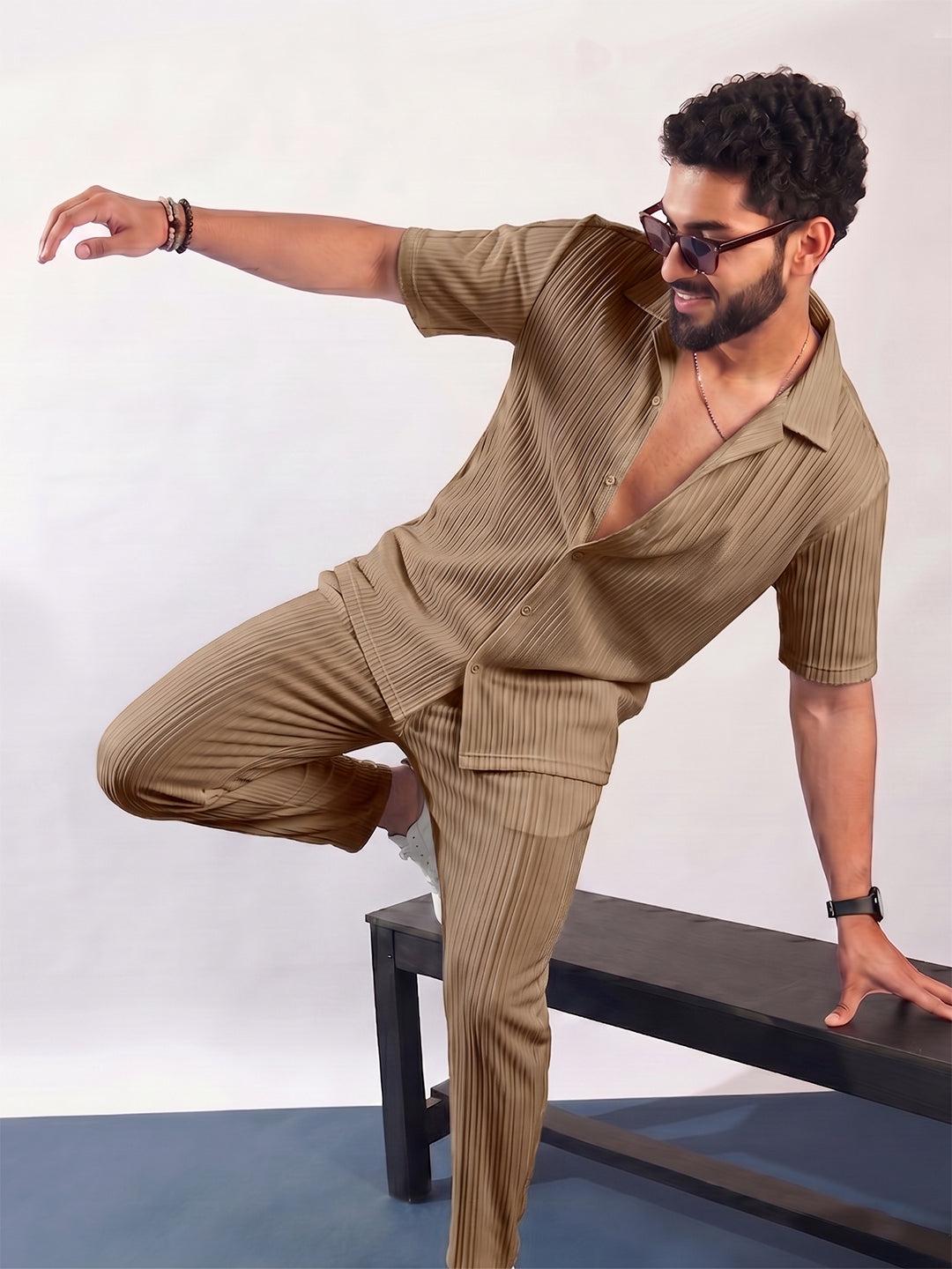 Men’s Beige extured Co-Ord Set – Premium Relaxed Fit Shirt & Trouser Set