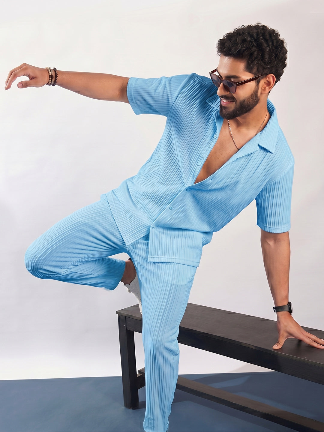 Men’s Light Sky Textured Co-Ord Set – Premium Relaxed Fit Shirt & Trouser Set