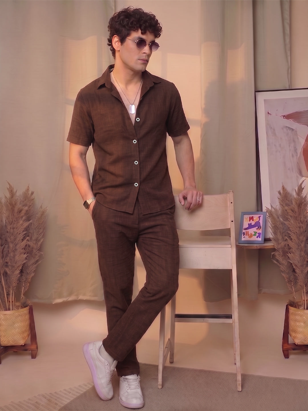 Men’s Premium Cotton Co-Ord Set | Resort Collar Shirt & Trouser Set | Brown
