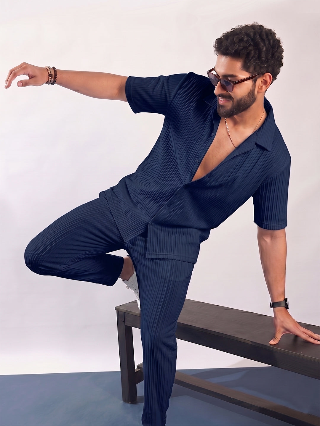 Men’s Navy Blue Textured Co-Ord Set – Premium Relaxed Fit Shirt & Trouser Set