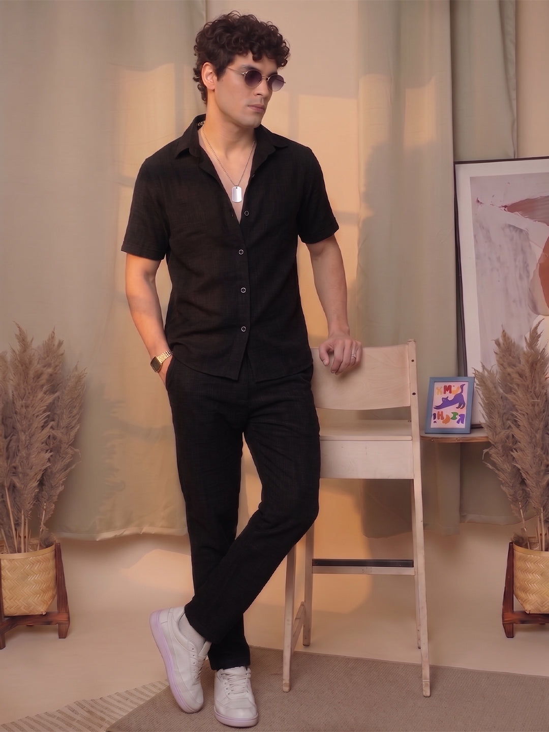 Men’s Premium Cotton Co-Ord Set | Resort Collar Shirt & Trouser Set | Black