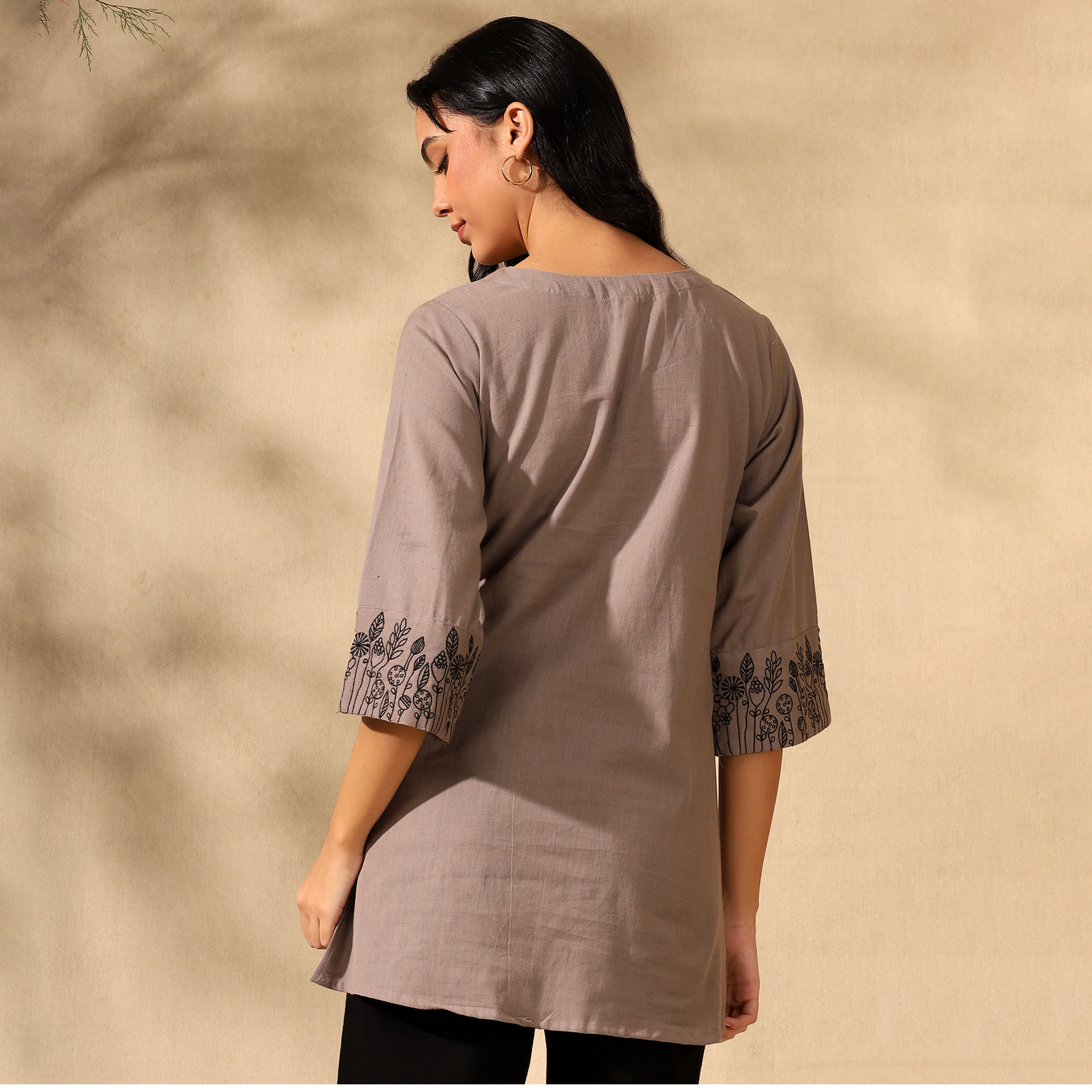 Botanical Embroidered Pure Cotton Brown Short Kurti/Tunic