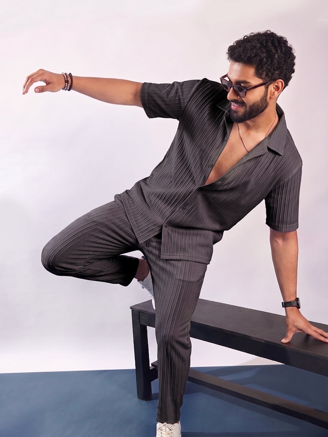 Men’s Dark Grey Textured Co-Ord Set – Premium Relaxed Fit Shirt & Trouser Set