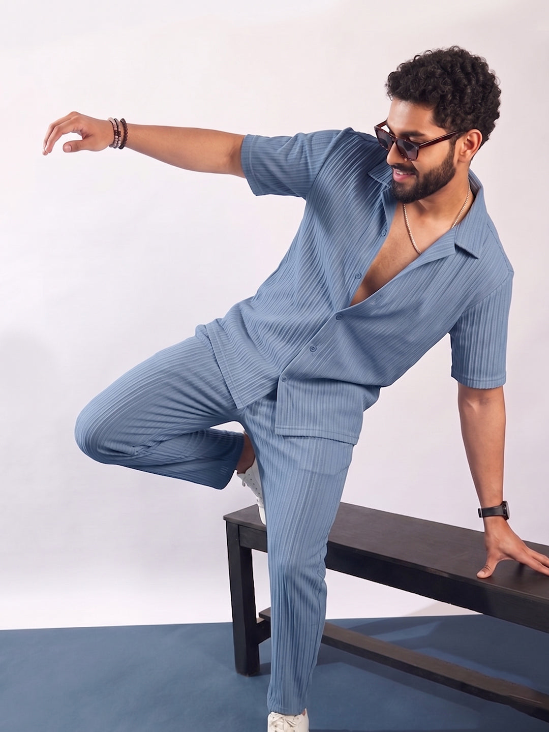 Men’s Denim Blue Textured Co-Ord Set – Premium Relaxed Fit Shirt & Trouser Set