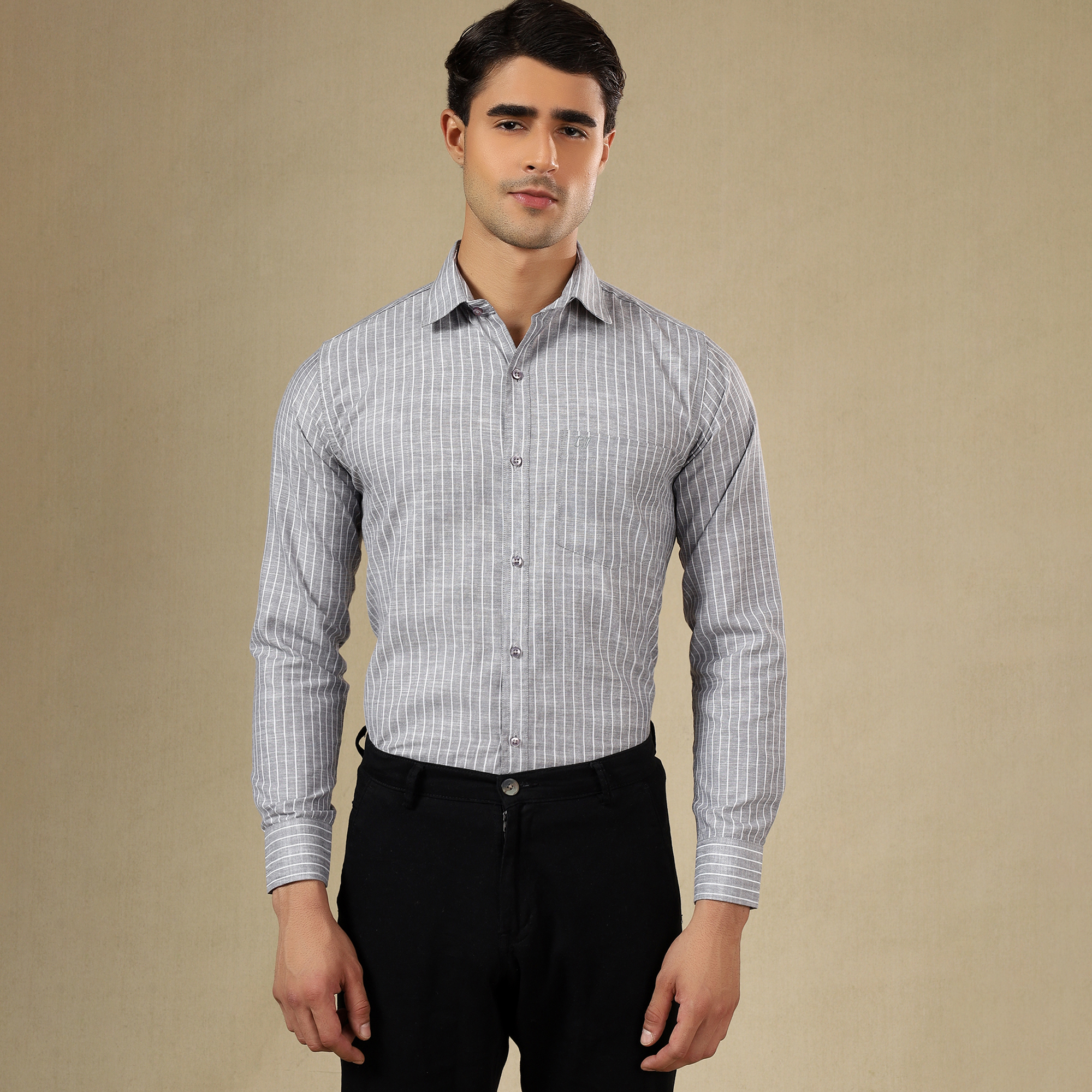 Men's Striped Linen Regular Fit Single Pocket Shirt- GREY