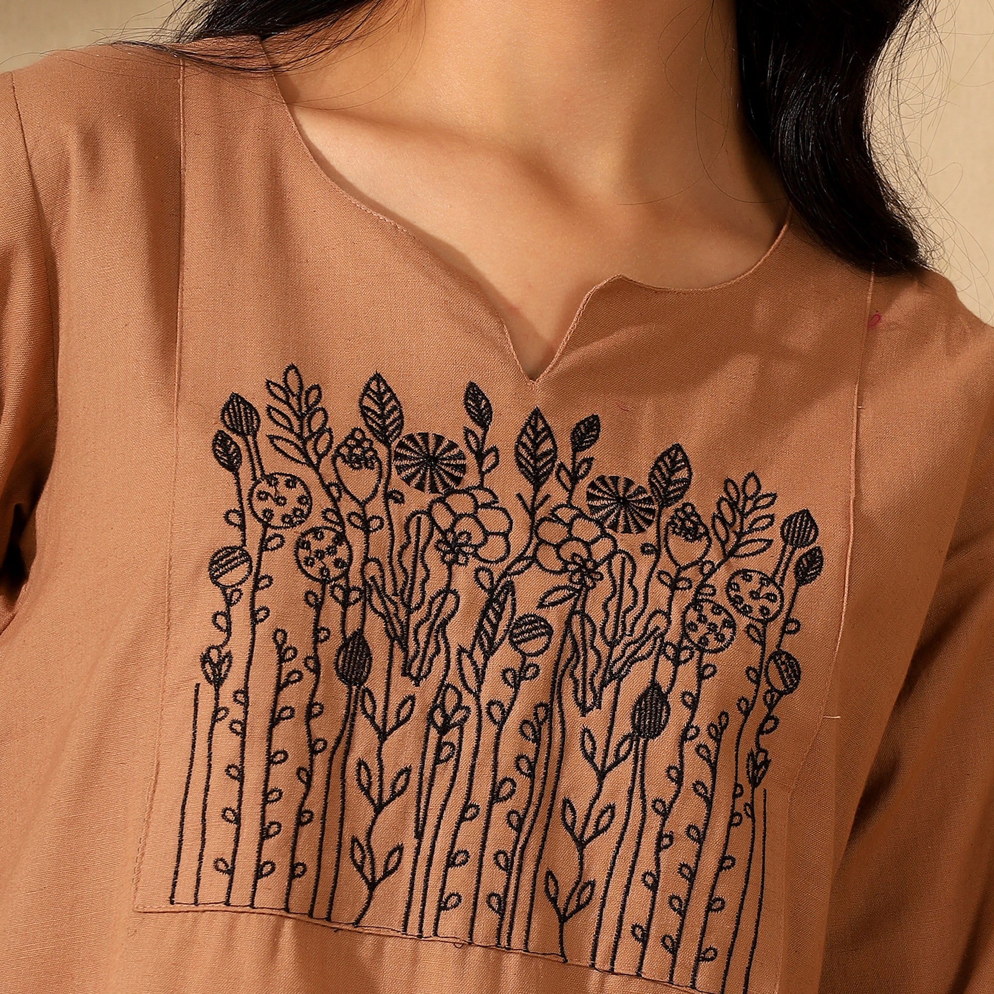 Botanical Embroidered Pure Cotton Tunic With Trousers Beige Co-ord Set