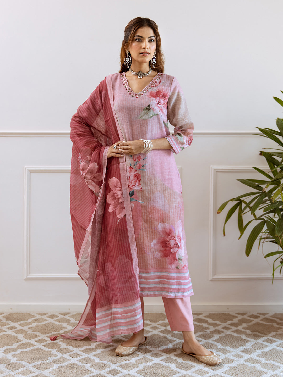 Floral Printed V-Neck Linen Straight Kurta Set with Dupatta- Rose Pink