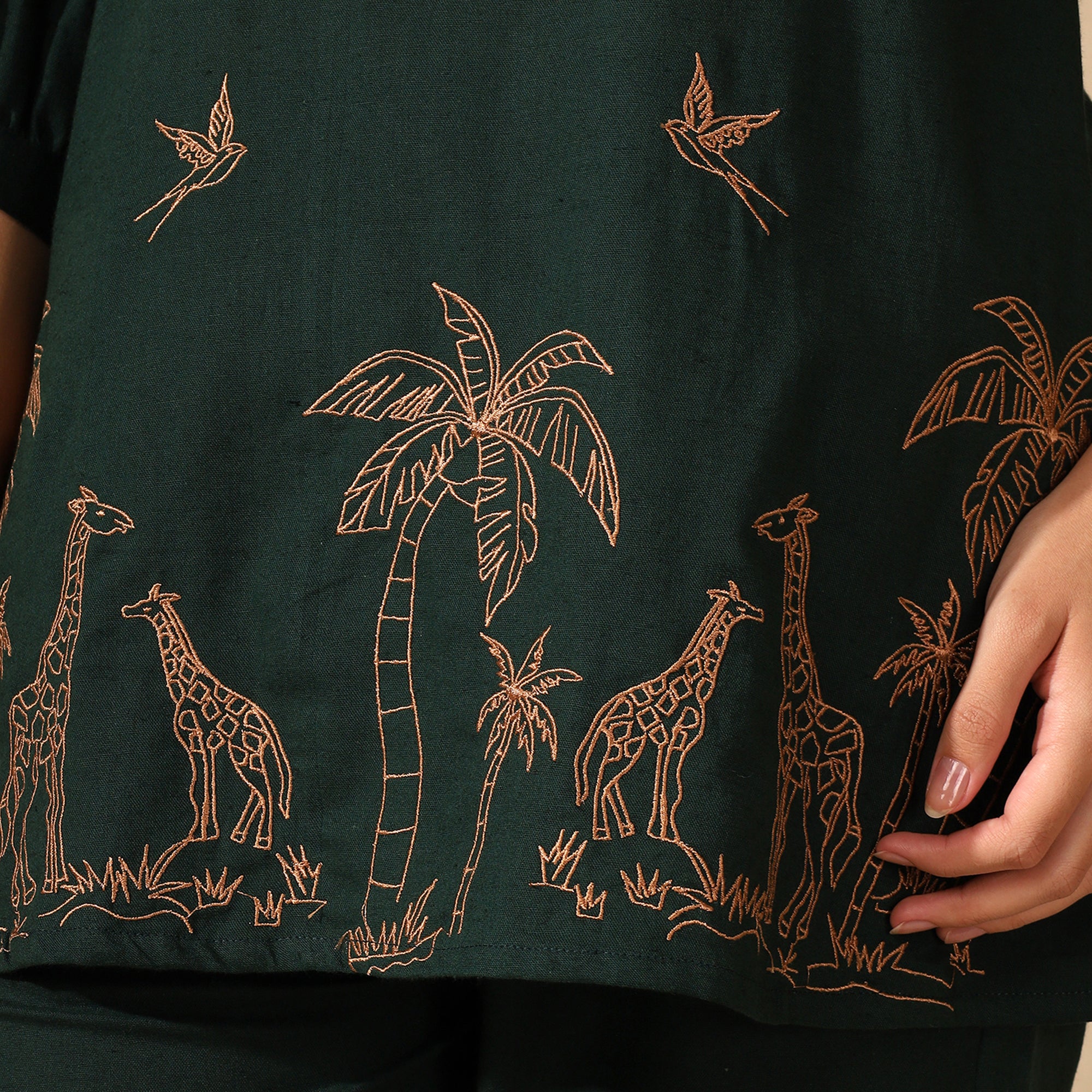 Embroidered Pure Cotton Tunic With Trousers Dark Green Co-ord Set