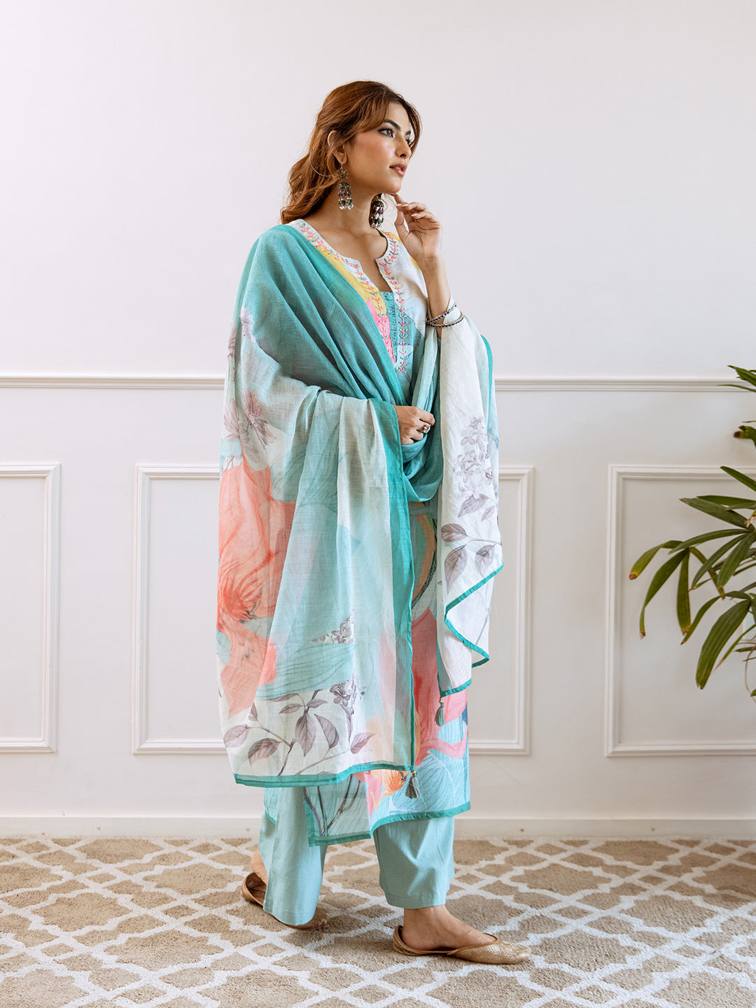 Floral Printed Notched Neck Linen Straight Kurta Set with Dupatta- Multicolor