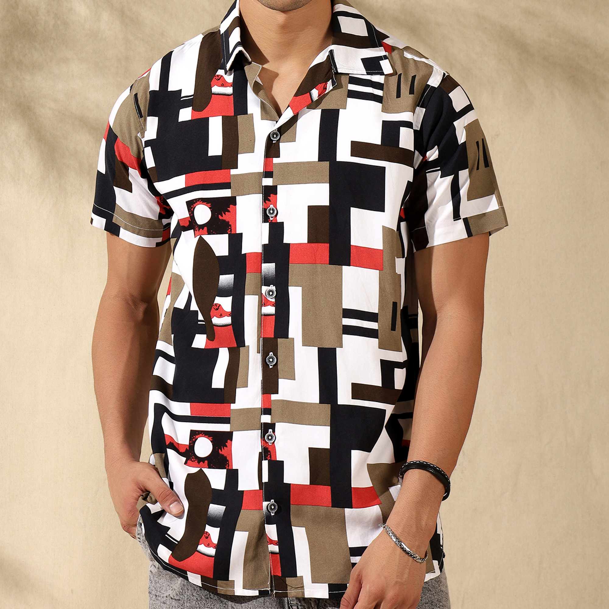 RED HALF CASUAL PRINTED COTTON SHIRT REGULAR FIT FOR MEN