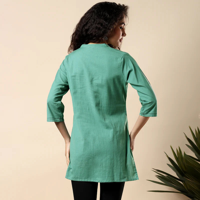 GORGEOUS GREEN FLORAL EMBROIDERED WOMEN KURTI | COTTON SHORT TUNIC FOR EVERYDAY WEAR