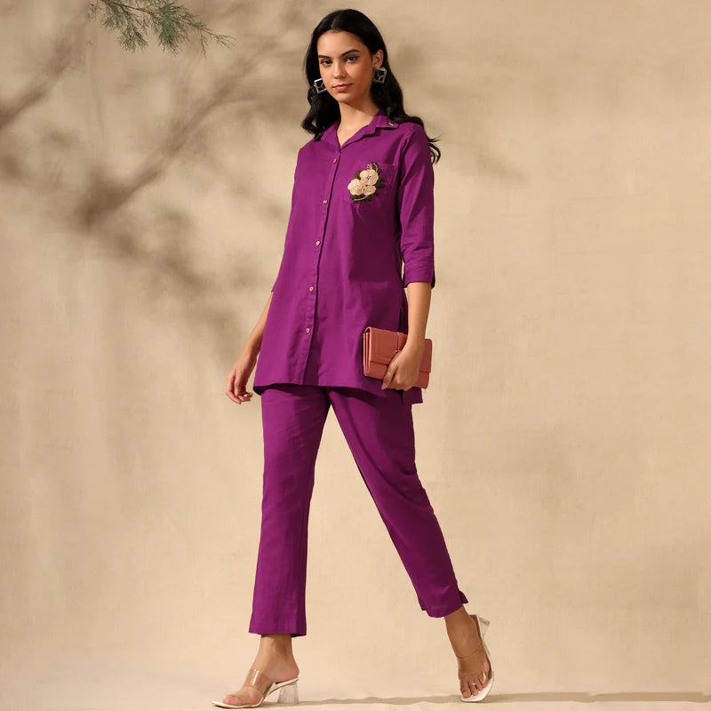 FLORAL EMBROIDERED COTTON CORD SET FOR WOMEN | SHIRT-PANT FUSION WEAR | MAGENTA