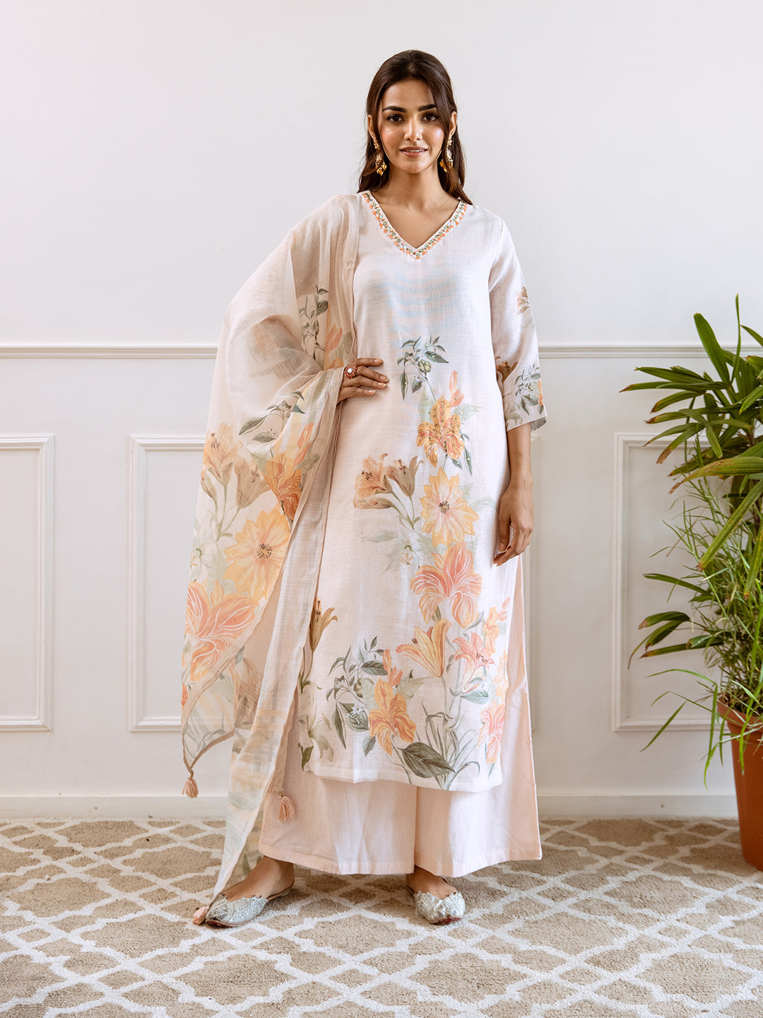 Floral Printed V-Neck Linen Straight Kurta Set with Dupatta- Cream