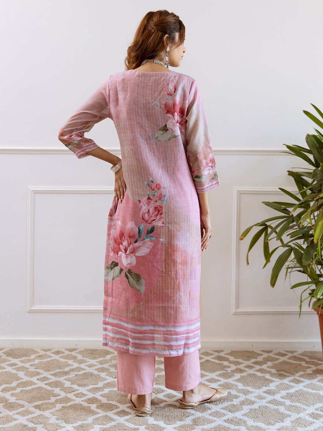 Floral Printed V-Neck Linen Straight Kurta Set with Dupatta- Rose Pink