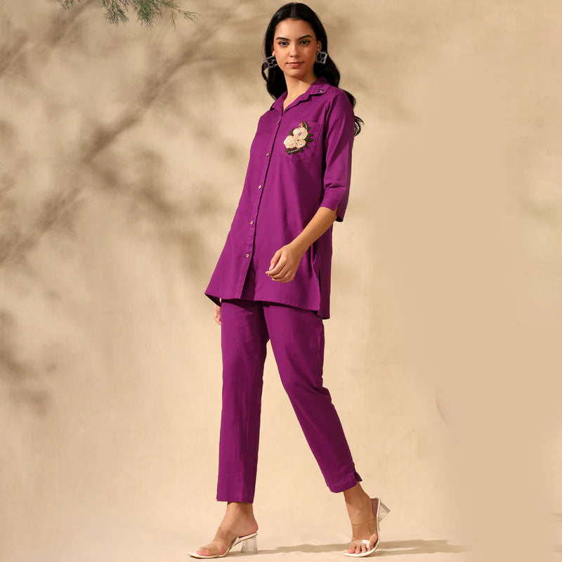 FLORAL EMBROIDERED COTTON CORD SET FOR WOMEN | SHIRT-PANT FUSION WEAR | MAGENTA