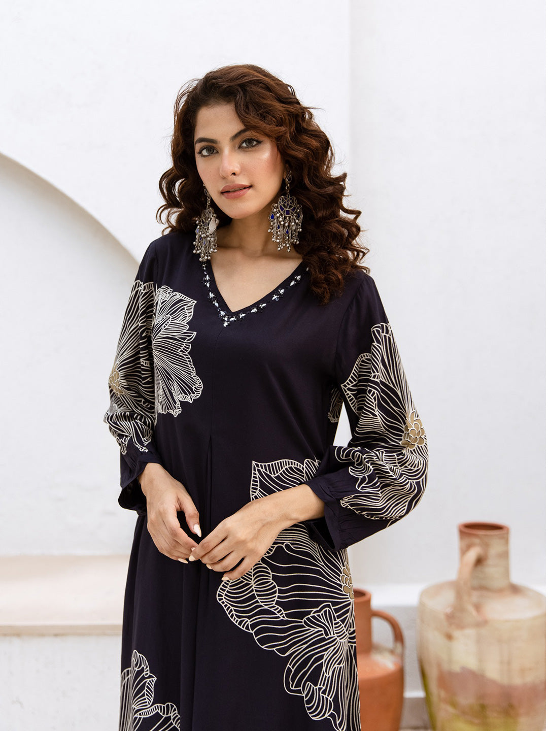 Floral Printed V-Neck A-Line Cotton Rayon Kurta Set- Navy Blue