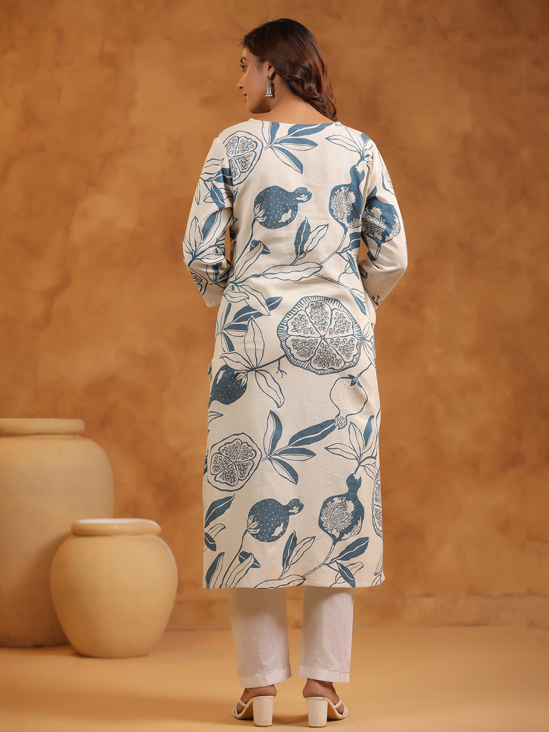 Floral Print Cotton V-Neck A-Line Long Kurti- Blue & Cream