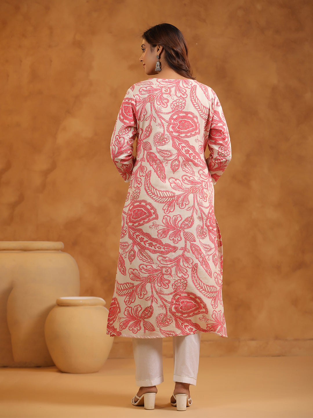 Floral Print Cotton V-Neck A-Line Long Kurti- Pink & Cream