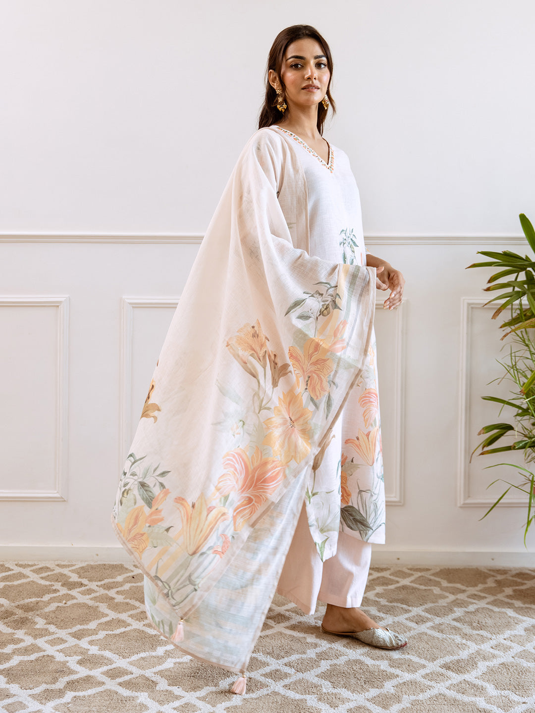 Floral Printed V-Neck Linen Straight Kurta Set with Dupatta- Cream