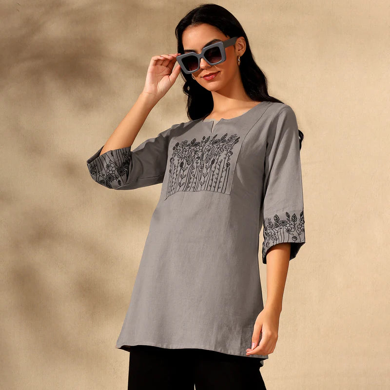 BOTANICAL EMBROIDERED COTTON KURTI FOR WOMEN | PERFECT FEMALE TUNIC FOR EVERYDAY WEAR | GREY