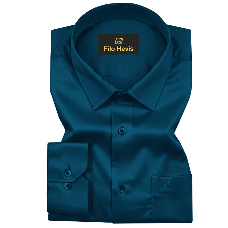 Platinum Cotton Satin Formal Shirt for Men - with Pocket | Teal Blue Platinum Cotton Satin Formal Shirt for Men - with Pocket | Teal Blue