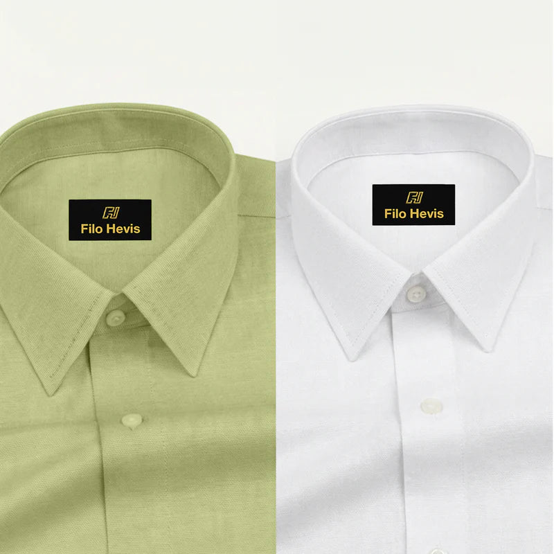 Combo of 2 Filafil Fabric Regular Fit Formal Shirts – White & Light pastel green (Single Pocket)