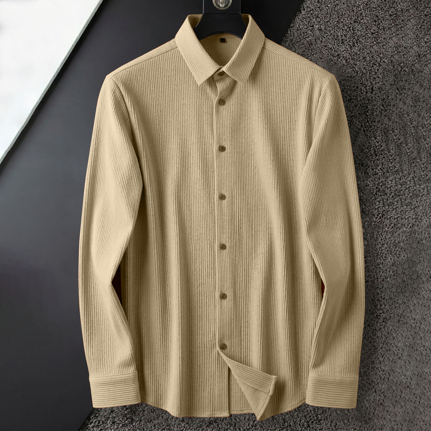 Corduroy Inspired Self-Cord Casual Shirts for Men Blended Fabric - Beige