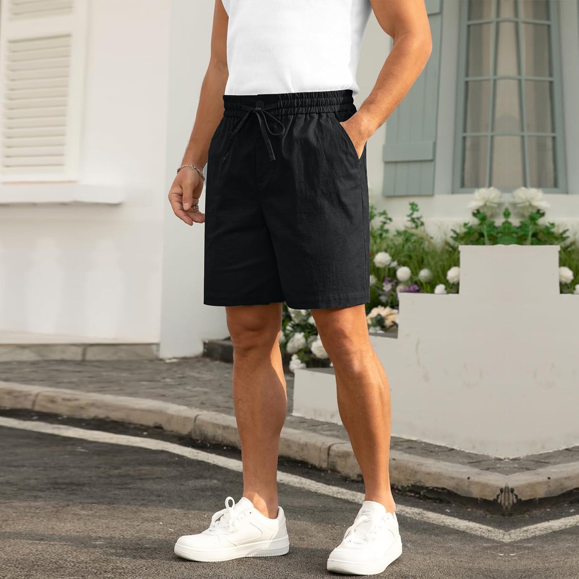 Mens Cotton Linen Shorts Casual Drawstring 8.5 inch Inseam Shorts Stretch Summer-Black
