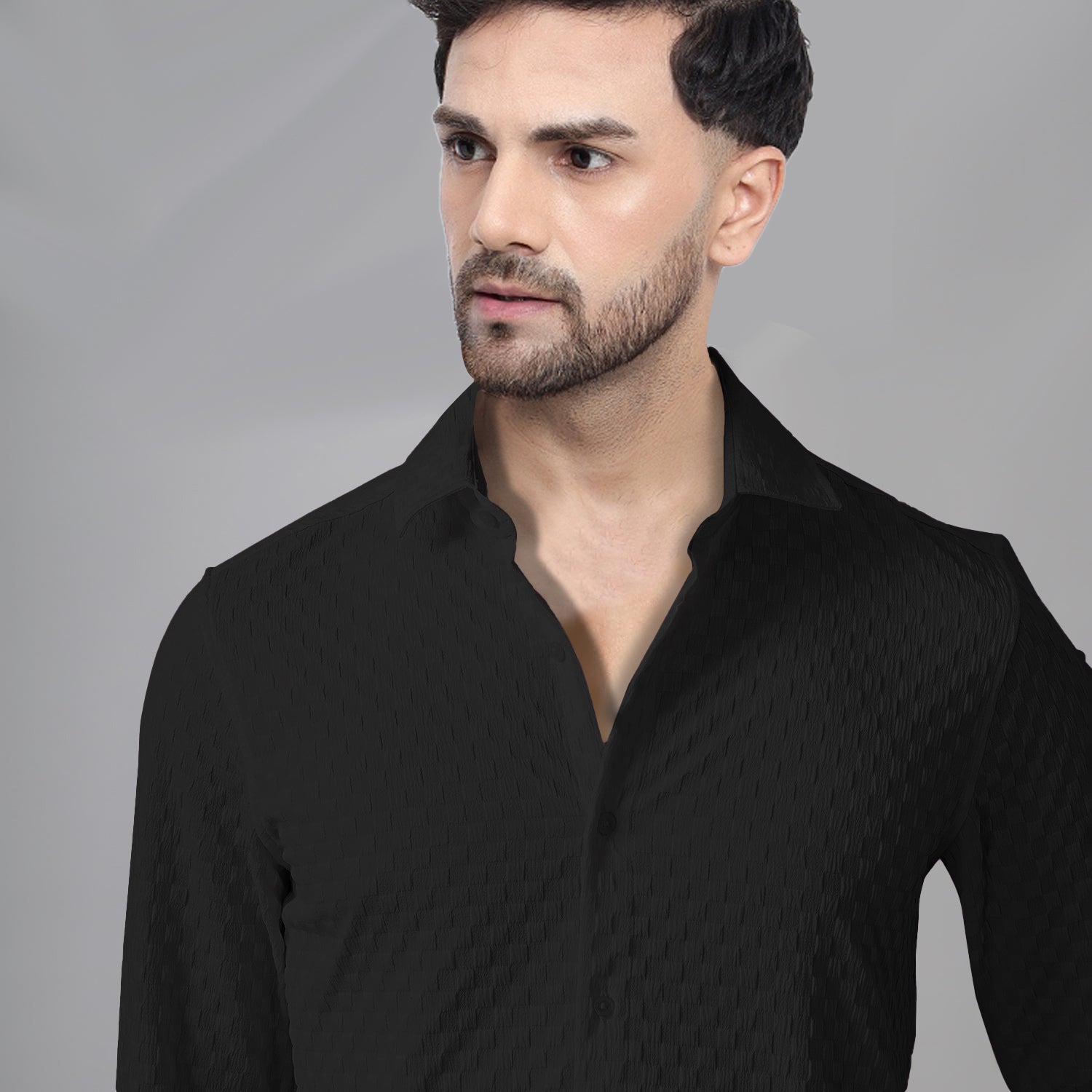 Man's Casual Checks Textured Popcorn Shirts- Black