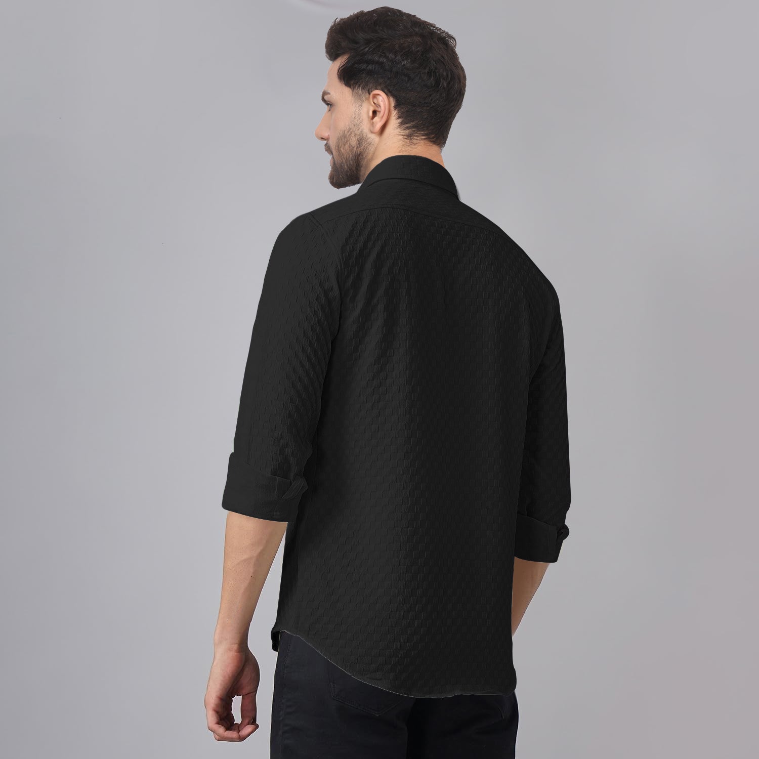 Man's Casual Checks Textured Popcorn Shirts- Black
