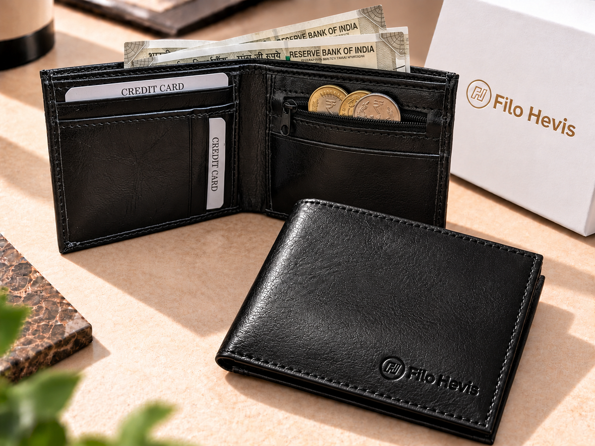 Black Leather Bifold Wallet for Men