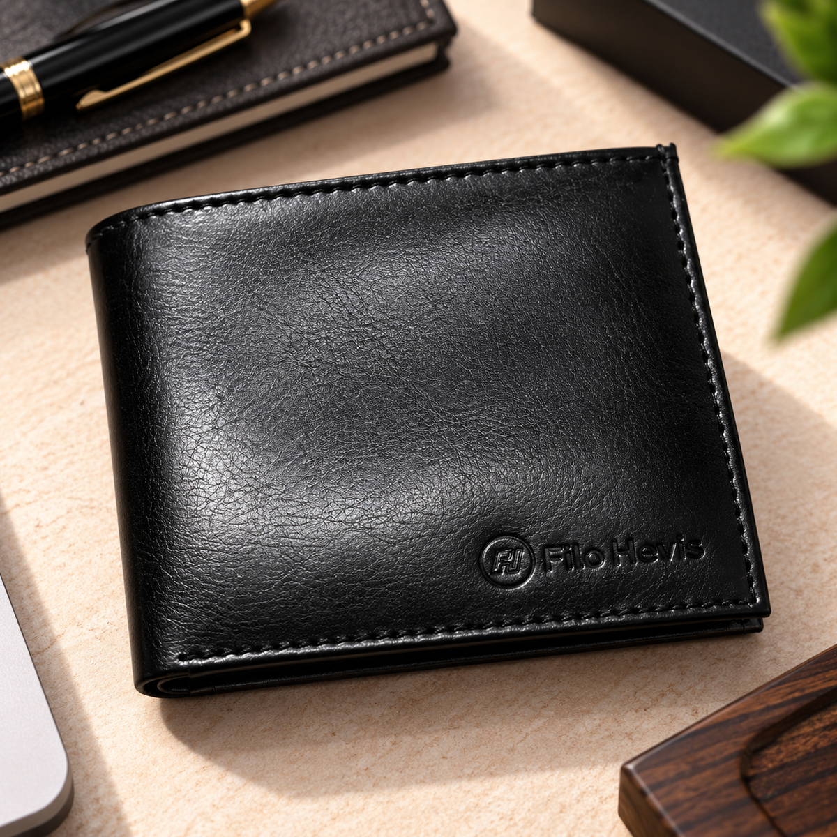 Black Leather Bifold Wallet for Men
