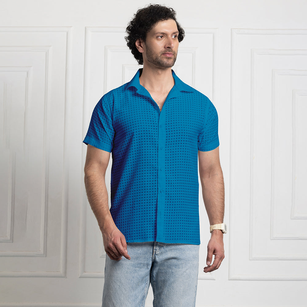 Men's Net Self Cuban Collar Casual Shirt Blue Filo Hevis