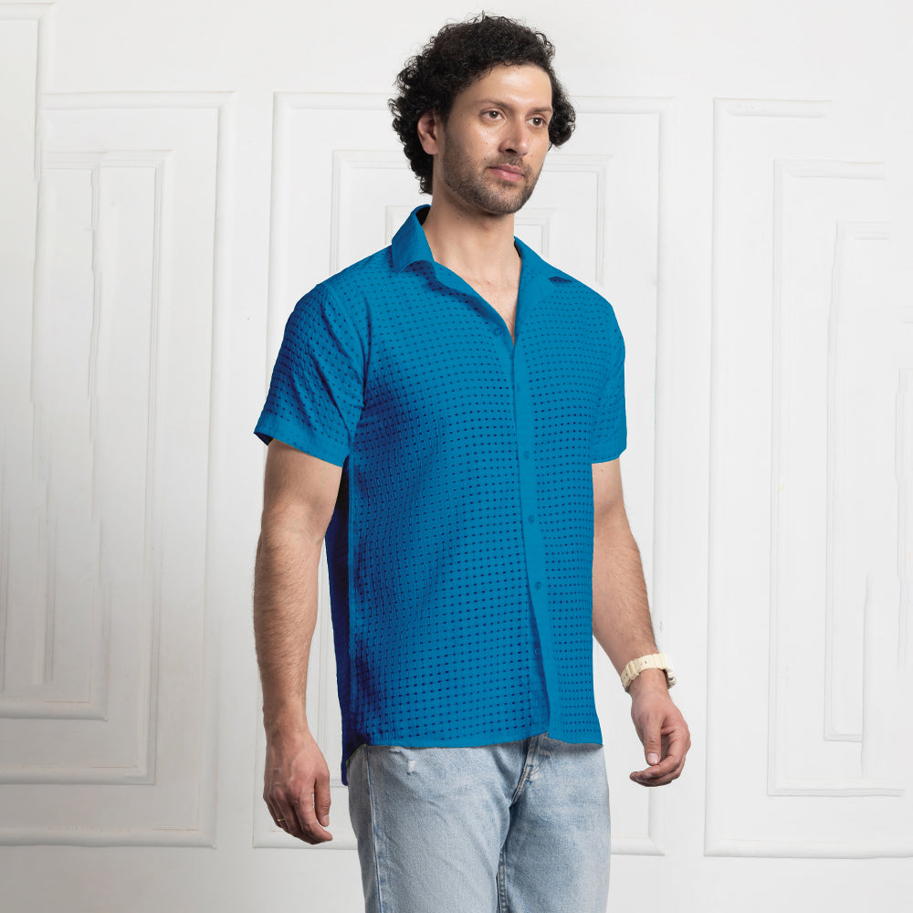 Men's Net Self Cuban Collar Casual Shirt Blue Filo Hevis