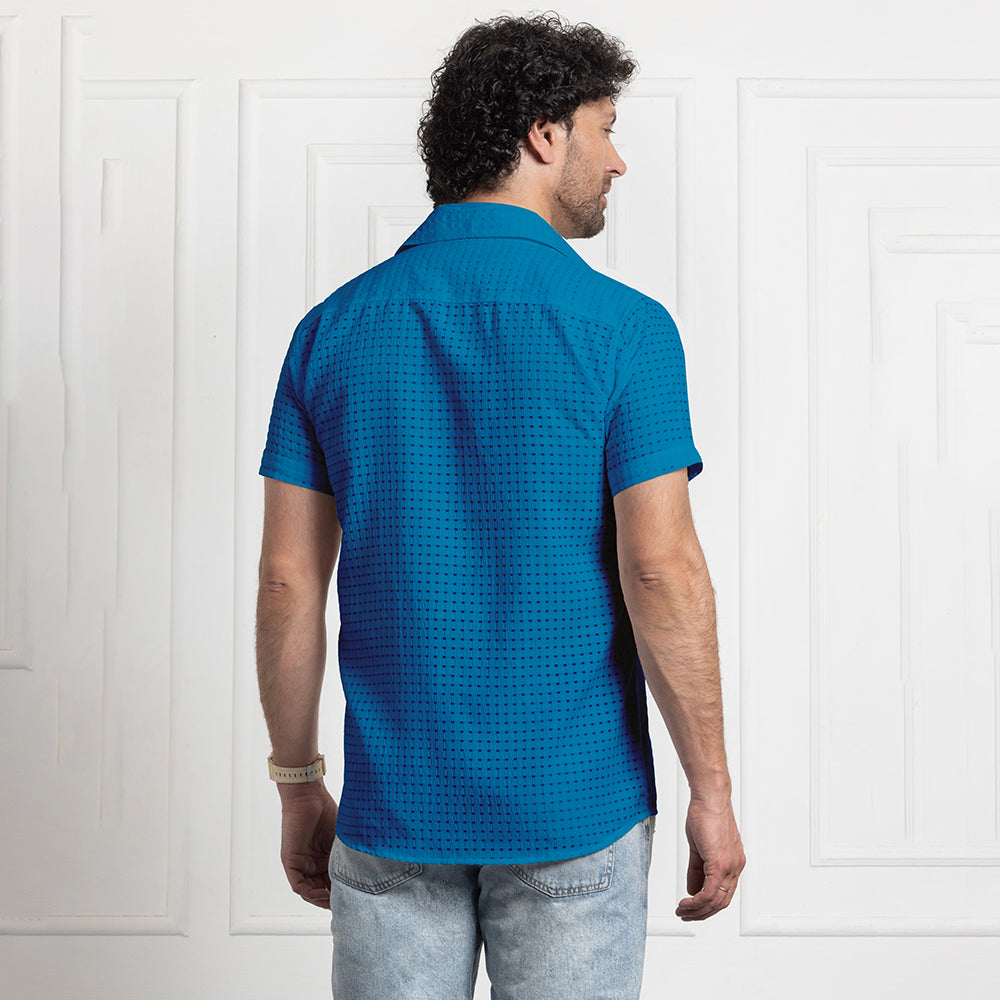Men's Net Self Cuban Collar Casual Shirt Blue Filo Hevis