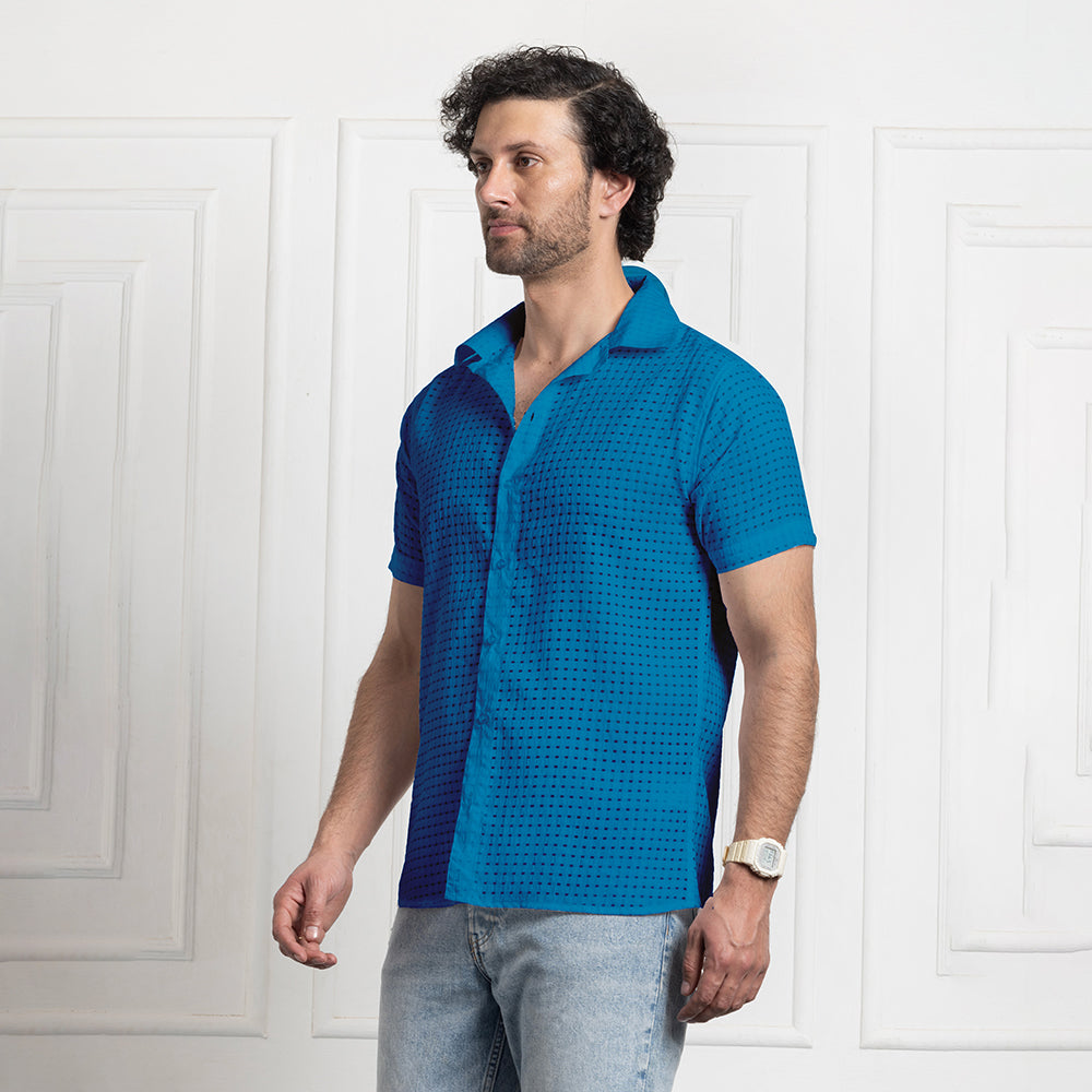 Men's Net Self Cuban Collar Casual Shirt Blue Filo Hevis