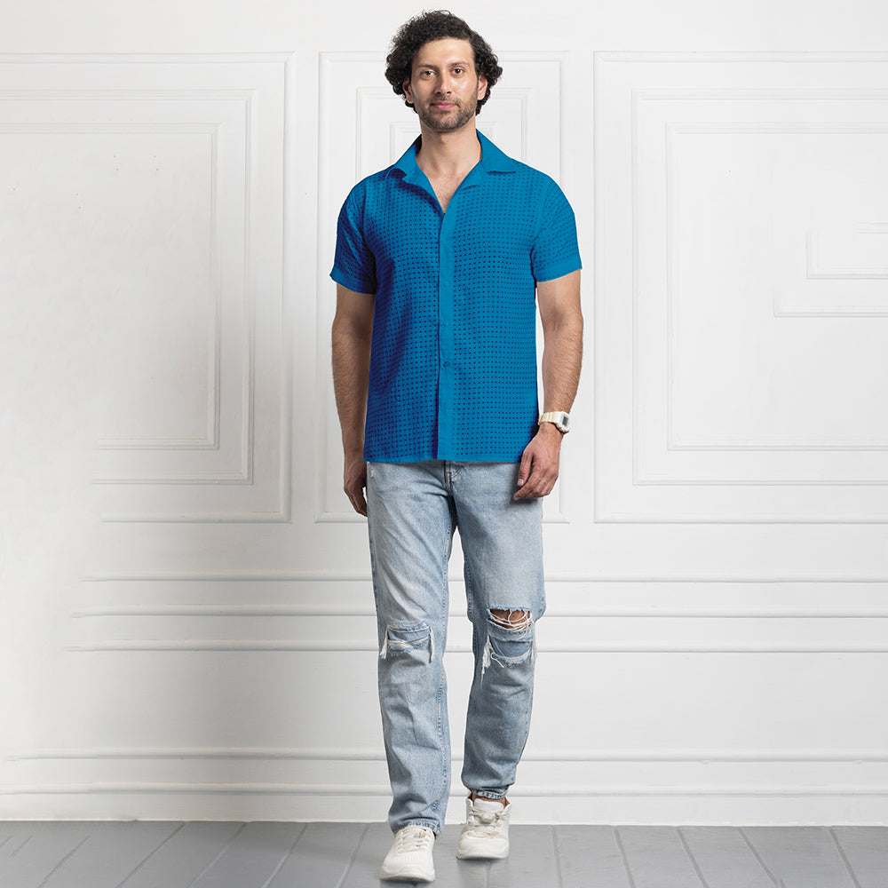 Men's Net Self Cuban Collar Casual Shirt Blue Filo Hevis