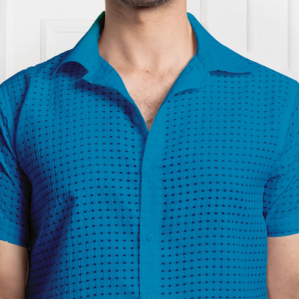 Men's Net Self Cuban Collar Casual Shirt Blue Filo Hevis
