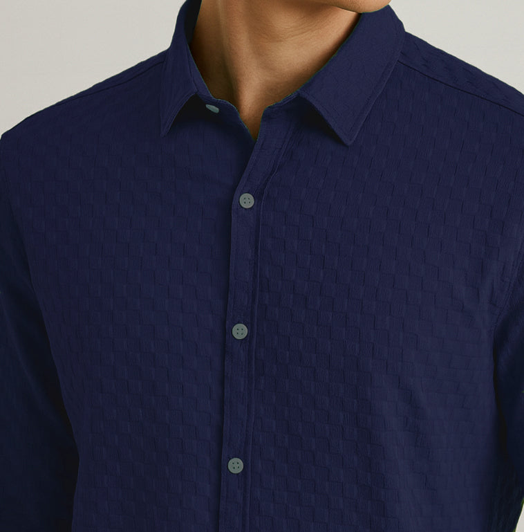 Men's Casual Checks Textured Popcorn Shirts- Navy Blue