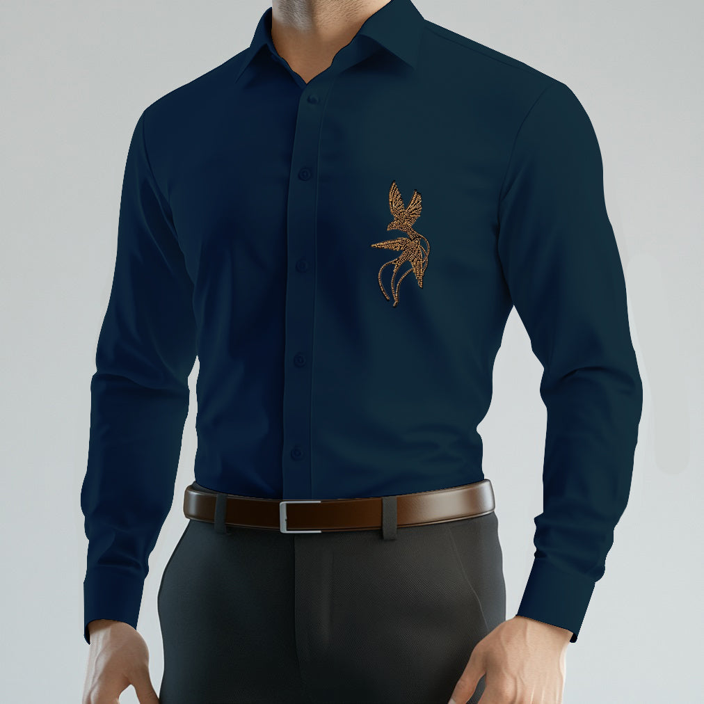 PARTY SHIRTS FOR MEN | PREMIUM SHIRTS | CLUB SHIRTS Twin birds Embroidery-Teal Blue