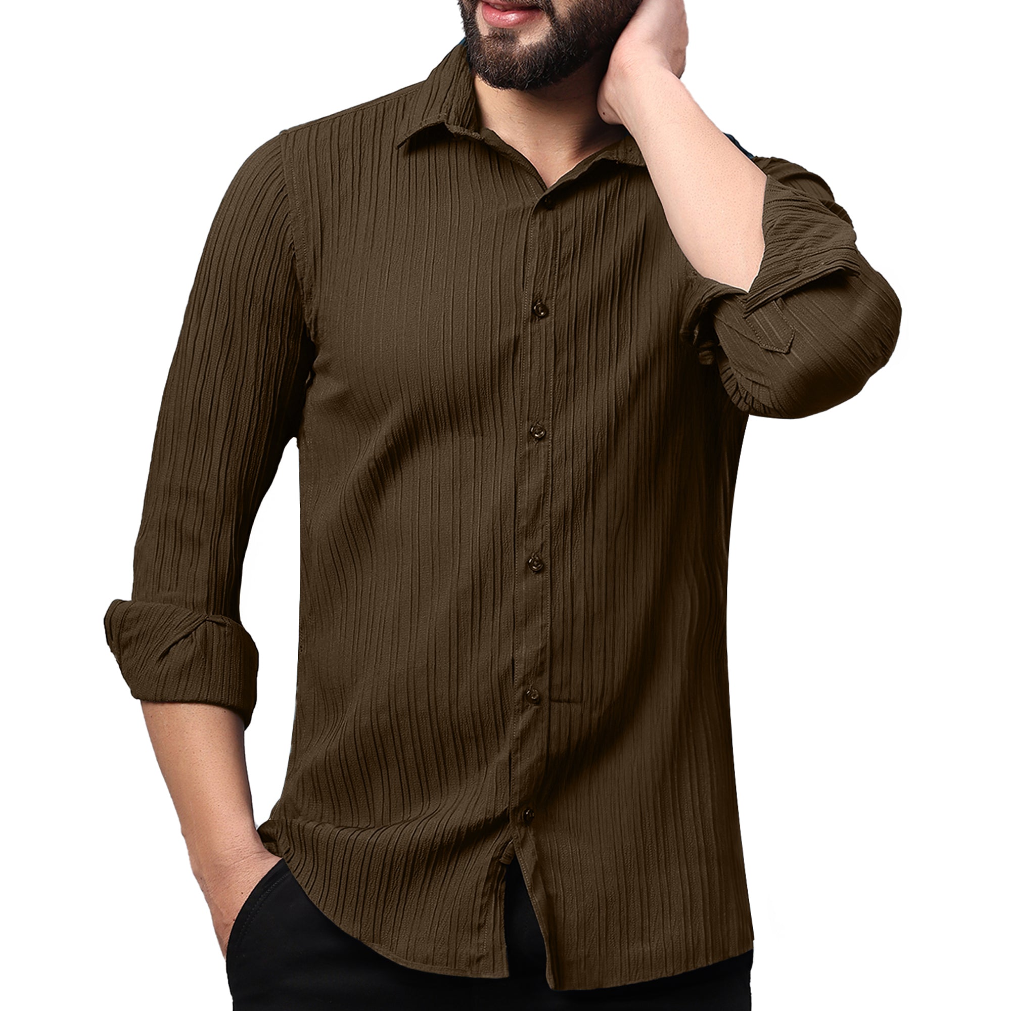 Crushed Self Stripe Brown Shirt
