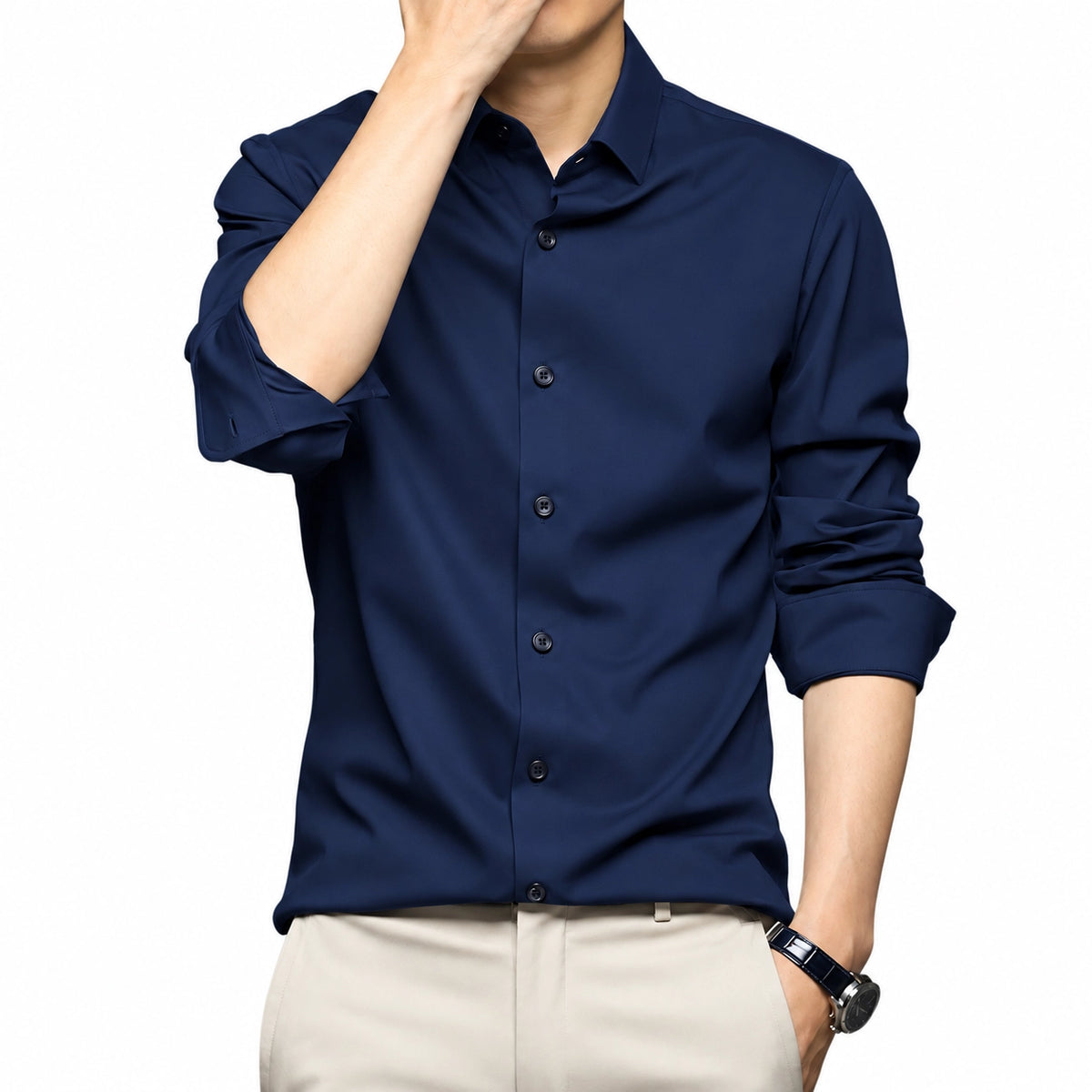CVC Poly Satin formal Shirt For Men-Navy Blue