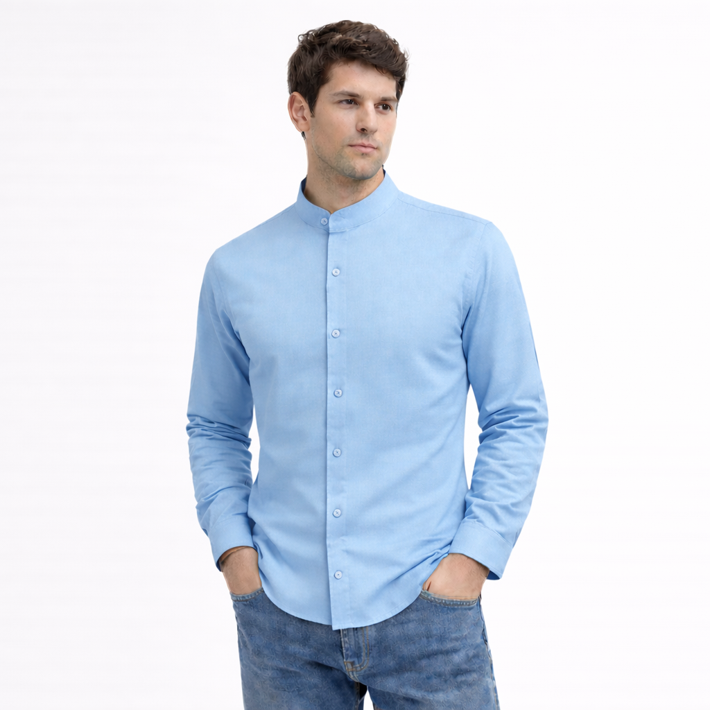 MEN’S CHINESE COLLAR SHIRT | FULL SLEEVE COTTON LINEN T-NECK SHIRT | SKY COLOR My Store
