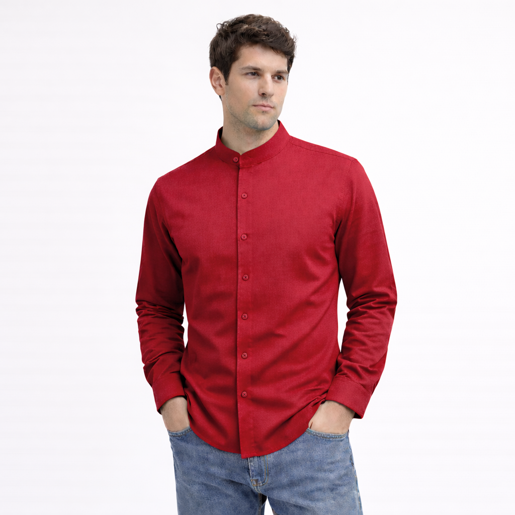 MEN’S CHINESE COLLAR SHIRT | FULL SLEEVE COTTON LINEN T-NECK SHIRT | RED COLOR