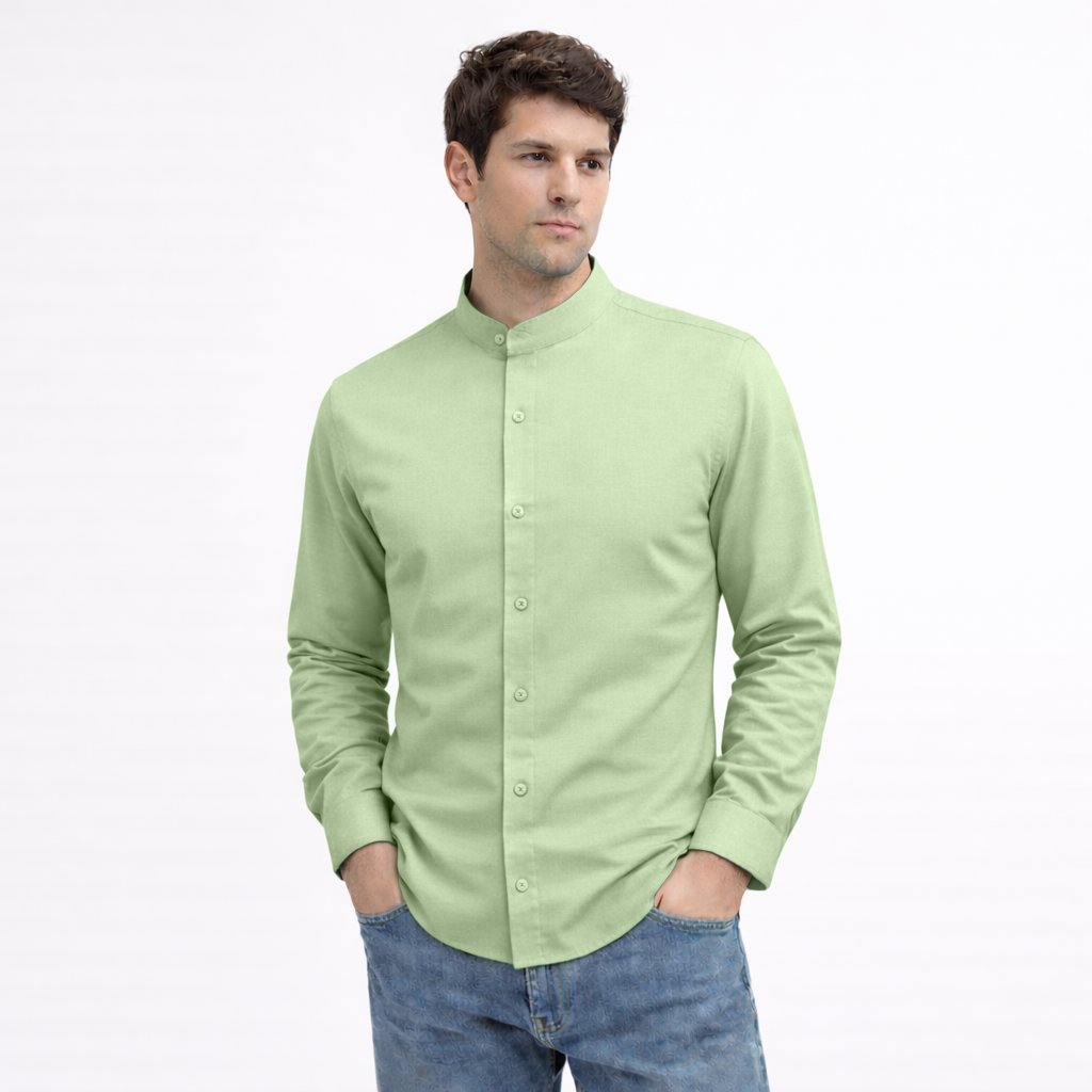 MEN’S CHINESE COLLAR SHIRT | FULL SLEEVE COTTON LINEN T-NECK SHIRT | LIGHT GREEN COLOR Filo Hevis