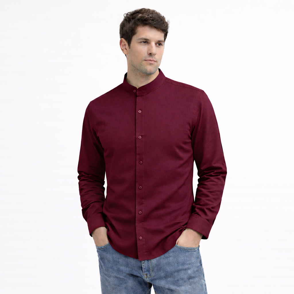 MEN’S CHINESE COLLAR SHIRT | FULL SLEEVE COTTON LINEN T-NECK SHIRT | DARK MAROON COLOR