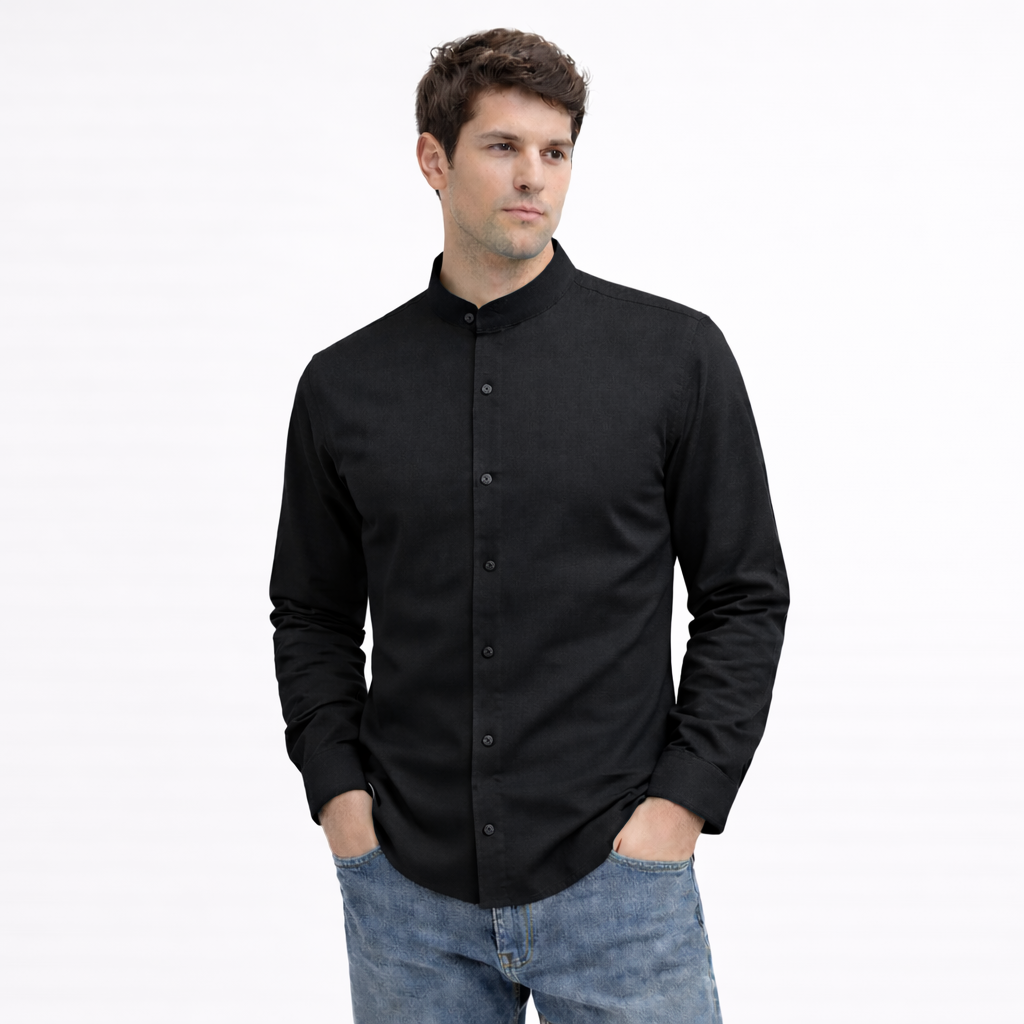 MEN’S CHINESE COLLAR SHIRT | FULL SLEEVE COTTON LINEN T-NECK SHIRT | BLACK COLOR Filo Hevis