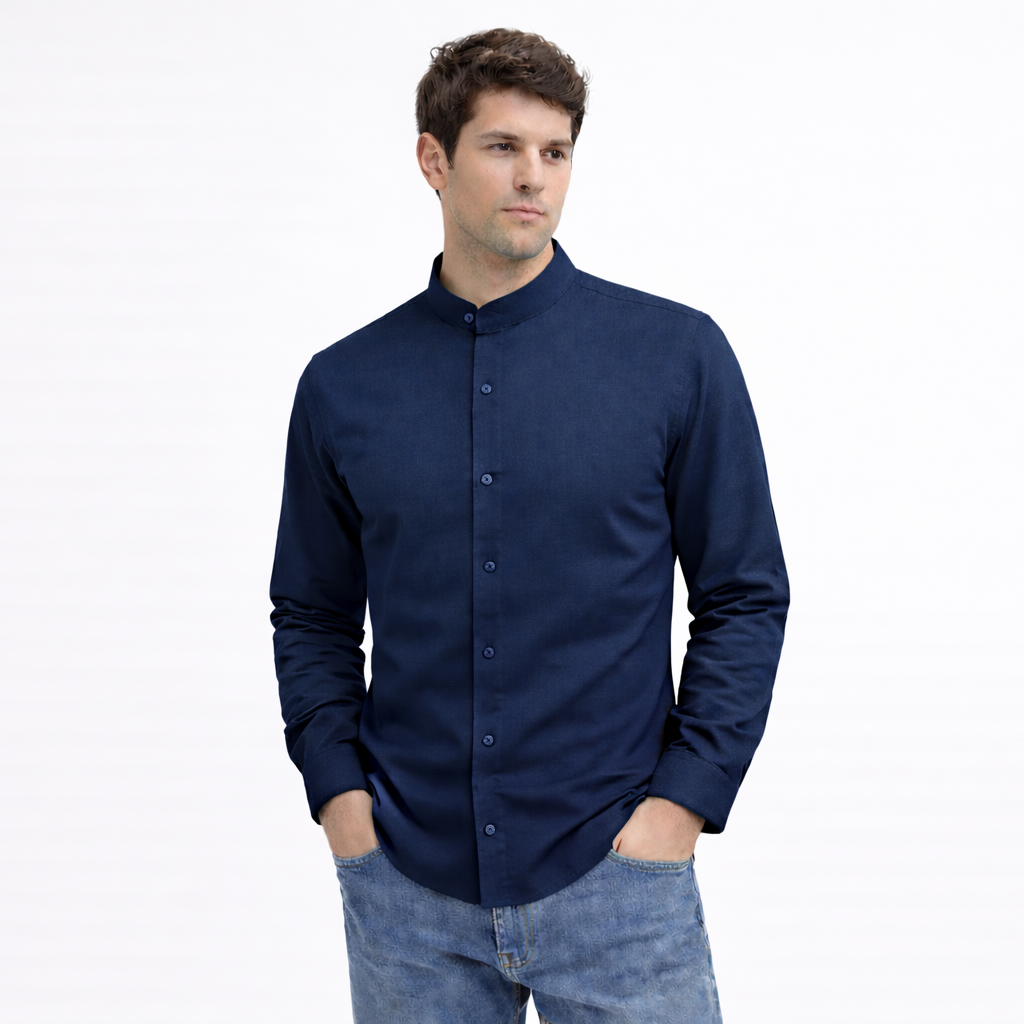 MEN’S CHINESE COLLAR SHIRT | FULL SLEEVE COTTON LINEN T-NECK SHIRT | NAVY BLUE COLOR