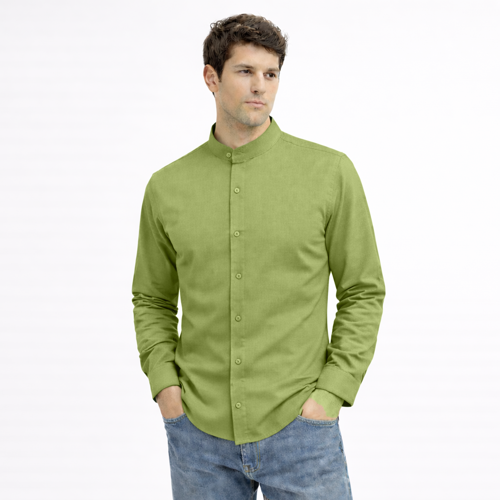 MEN’S CHINESE COLLAR SHIRT | FULL SLEEVE COTTON LINEN T-NECK SHIRT | GREEN COLOR My Store