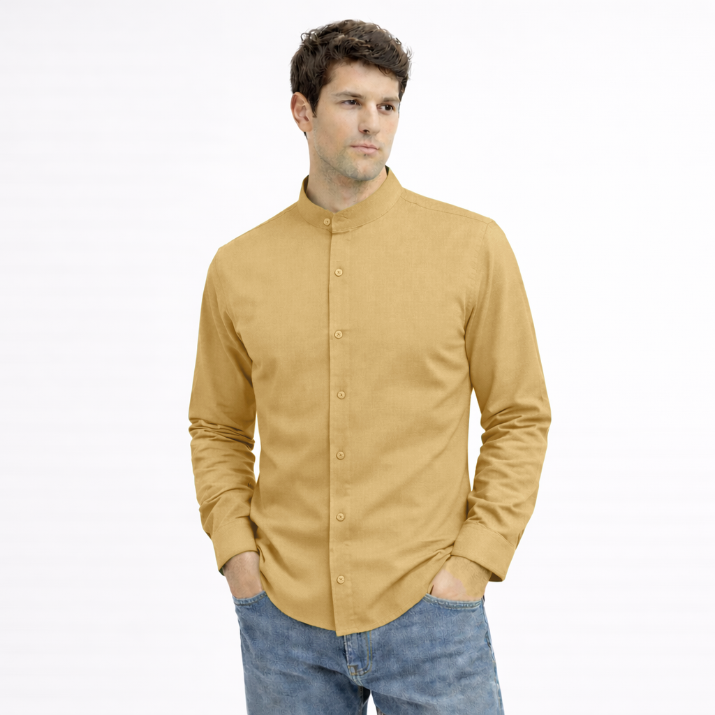 MEN’S CHINESE COLLAR SHIRT | FULL SLEEVE COTTON LINEN T-NECK SHIRT | Light Brown COLOR